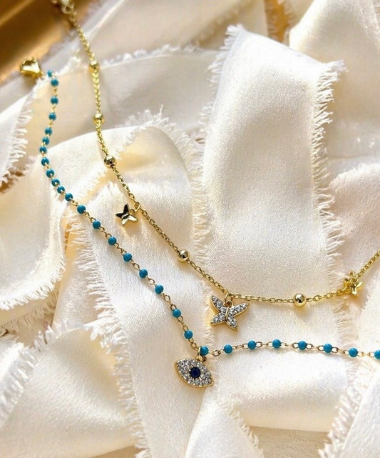 Dainty Butterfly & Turquoise Evil Eye Anklet Set